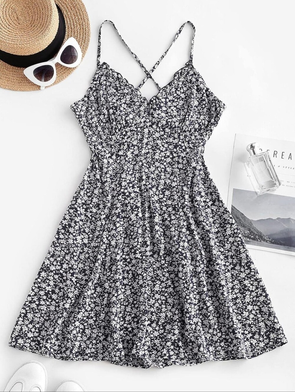 Zaful Mini Dress Blue & White Floral Crisscross Back